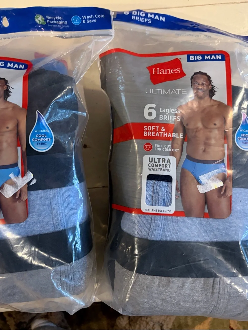 3XB Hanes Big Man 2 6-Pack Ultimate Tagless Briefs — Blue, Gray & Black, NEW